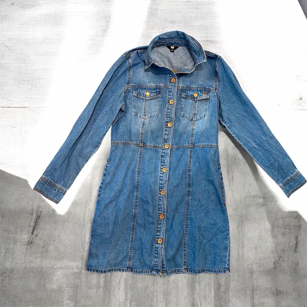 Frye Women's Blue Denim Shirt Dress Collared Button Front Pockets Size M